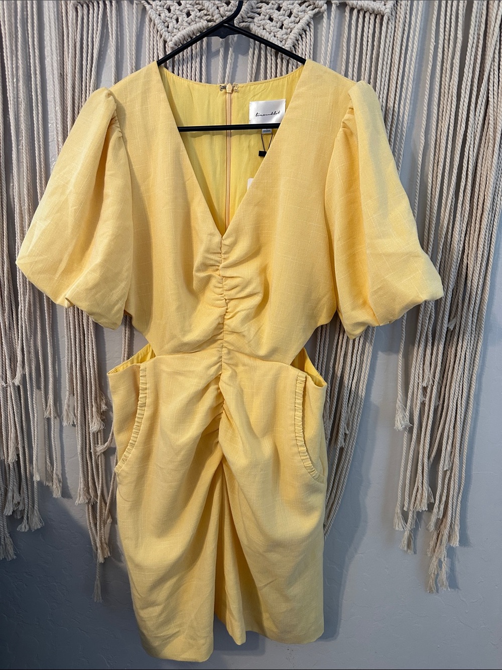Line & Dot Yellow Mini Dress with Puff Sleeves